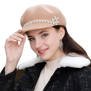 Chapeau tendance pour femmes, béret en feutre, forme octogonale, avec perles décoratives, nouvelle collection 2022, prêt à l'emploi