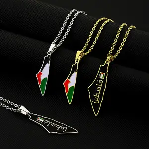 Fabricante De Aço Inoxidável Esmalte Palestina Mapa Cadeia Colares 18K Real Banhado A Ouro Palestina Bandeira Mapa Pingente Colar