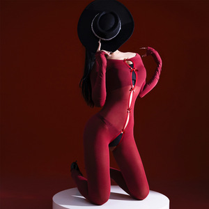 Sexy Bow Tie Open Crotch Bodysuit Women Velvet Full Body Shapewear Solid Color Medium Thickness Lingerie Costume - Product Image 1