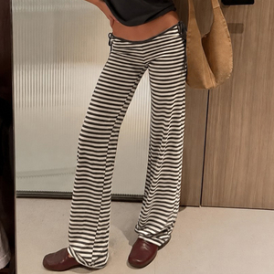 Pantalon extensible taille basse à rayures colorblock avec découpes latérales et liens, style urbain européen et américain, coupe flatteuse, basique et décontracté, pour un look tendance. - Product Image 3