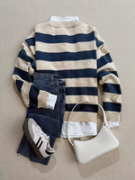 Cárdigan de Punto a Rayas con Cuello Redondo para Mujer, Suéter Abierto con Botones de Punto Acrílico, para Uso Diario, Casual, Festivo, Personalizable
