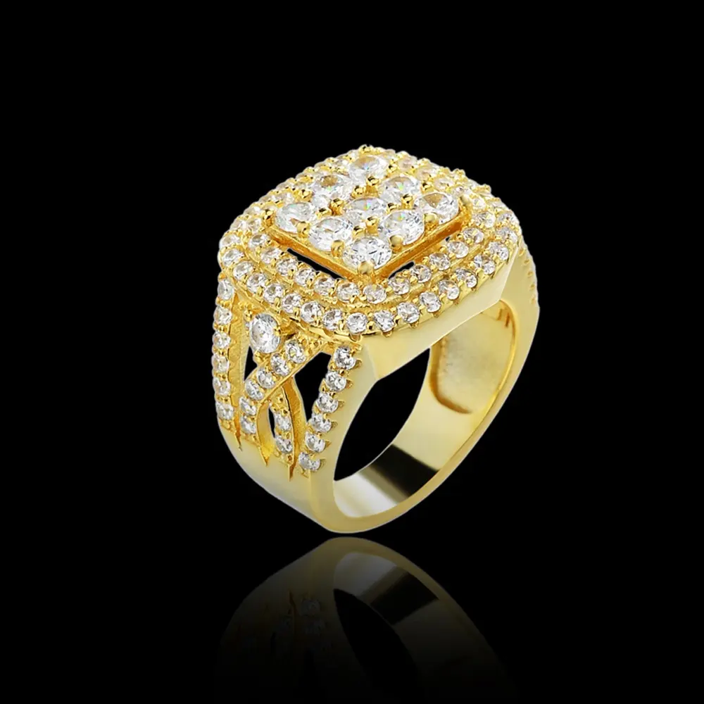 Na moda 14K 18K Real Amarelo Banhado A Ouro Quadrado Iced Out CZ Diamante Anéis