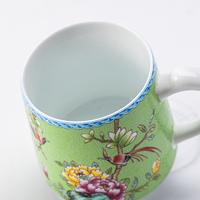 Tasse en céramique vert émeraude avec couvercle, motif traditionnel chinois de fleurs et d'oiseaux, tasse à thé en porcelaine, vaisselle