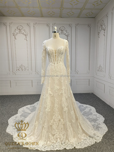 Robe de mariée QUEENSGOWN sexy à col en <span class=keywords><strong>V</strong></span> avec manches détachables, dos illusion, coupe trapèze et traîne fleurie - Product Image 1
