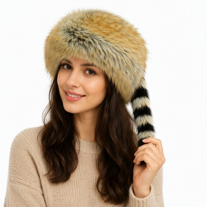 Chapeau en fausse fourrure style mode avec queue pour femme, en fausse fourrure de vison écologique russe, coupe-vent d'hiver, pour activités de plein air et pêche, broderie 3D - Product Image 1