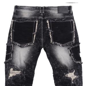 Jean en denim de haute qualité déchiré et réparé avec des patchs de poche, style Rackade Stacked pour homme - Product Image 5
