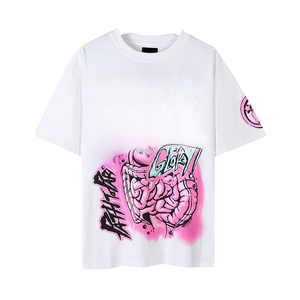 T-shirt blanc surdimensionné en coton avec imprimé graffiti rose, style streetwear, manches courtes, col rond, coupe ajustée pour homme - Product Image 1