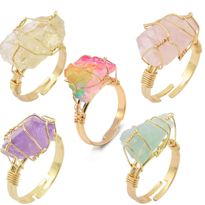 Irregular Genuine Stone Ring for Women Full Wire Wrapped Rose Quartz Fluorite Gold-color Resizable Reiki Healing Crystal Jewelry
