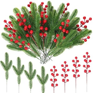 Aiguilles de pin artificielles avec baies rouges, 12 pièces, décorations de Noël pour l'affichage festif - Product Image 1