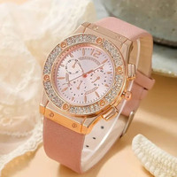 Rose Gold Set jam tangan wanita pita Quartz mewah dengan cincin kalung anting gelang Montre Femme