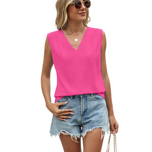 Camiseta de Verano para Mujer, Nueva Moda, Estilo Elegante, Color Sólido, Microelástica, Cuello en V, Corte Holgado, Sin Mangas, Transpirable - Product Image 2