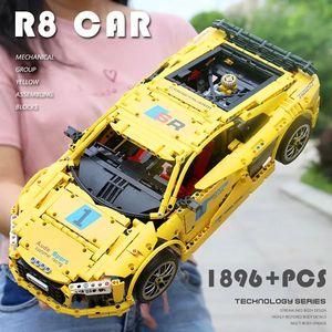 Moule roi 13127 1896 pièces voiture <span class=keywords><strong>série</strong></span> statique jaune R8 sport voiture bloc de construction modèle technique éducatif jouet Festival cadeau - Product Image 3