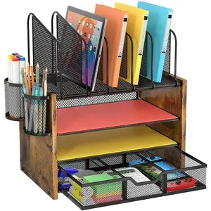 4-स्तरीय जाल डेस्क आयोजक लकड़ी की डेस्क फ़ाइल आयोजक 5 ऊर्ध्वाधर फ़ाइल धारकों और 2 पेन धारकों के साथ