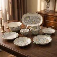 Set Perlengkapan Makan Porselen Bunga Hijau Vintage, Motif Bunga Taman, Perlengkapan Meja Makan Keluarga, Set Piring Makan Keramik