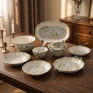 Service de <span class=keywords><strong>vaisselle</strong></span> en porcelaine à fleurs vertes, style vintage, <span class=keywords><strong>vaisselle</strong></span> de jardin florale, <span class=keywords><strong>vaisselle</strong></span> de table familiale, assiettes en céramique - Product Image 6
