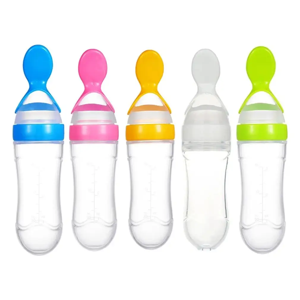 2021 Newest Hot Sale Fruit Rice Paste Baby Food Squeezer Feeder Dispenser Silicone Baby Bottle With Spoon