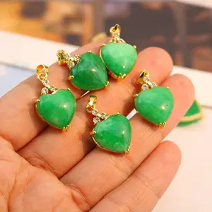 CZ8840 18k Gold Plated CZ Pave Dyed Aquamarine Natural Genuine Green Jade Jadeite Stone Heart Oval Pendants