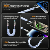 Kabel Data Mobil 4 in 1 Source Factory 240W, Kabel Pengisian Daya Super Cepat Multifungsi untuk Penggunaan di Mobil untuk iPhone
