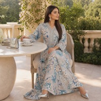 Robe ample à imprimé floral avec bordure de col ornée de strass pour un usage quotidien décontracté, Eid et réunions festives, Abaya en polyester ODM