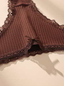 Culotte string côtelée en coton pour femme, taille basse, douce et respirante, avec dentelle, grandes tailles, vente en gros - Product Image 5