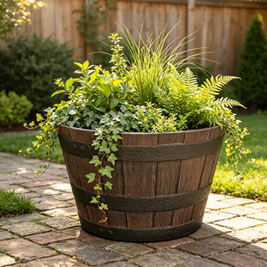 Pot <span class=keywords><strong>de</strong></span> fleurs rustique d'extérieur en résine <span class=keywords><strong>de</strong></span> 15 pouces, pot <span class=keywords><strong>de</strong></span> fleurs en forme <span class=keywords><strong>de</strong></span> baril, pot <span class=keywords><strong>de</strong></span> fleurs brun, grain <span class=keywords><strong>de</strong></span> <span class=keywords><strong>bois</strong></span> vintage, pot <span class=keywords><strong>de</strong></span> fleurs d'extérieur empilable - Product Image 4