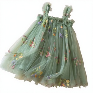 Robe en maille brodée de fleurs personnalisée pour filles, nouvelle collection, avec manches volantées et bretelles, jupe princesse moelleuse pour enfants - Product Image 1