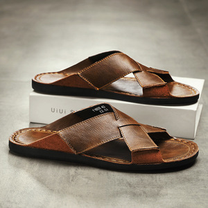 Black Genuine Leather Cross Strap <b>Slippers</b> With EVA Sole Anti-Slip Summer Indoor Men's Flip-Flops - Product Image 5