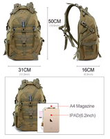Sac à dos tactique unisexe 50L antivol à motif camouflage en tissu Oxford avec dos ergonomique, imperméable et fermeture éclair en polyester