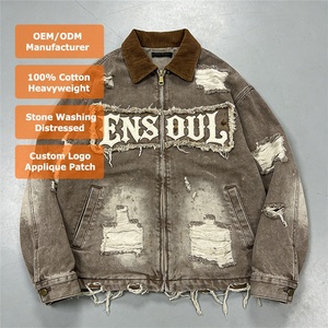 Áo khoác denim nam dáng rộng, chất liệu dày, kiểu vintage, phối họa tiết thêu, đính kèm, phong cách streetwear, có khóa kéo. - Product Image 1