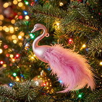Hiasan Gantung Pohon Natal Figurine Angsa Kaca Mutiara Pink Cantik dengan Ekor Bulu dan Sayap Berkilau.