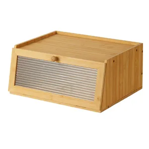Custom Design Large Capacity Kitchen Food Storage Box Extra Wooden Kitchen Bamboo Bread Box With Acrylic Window