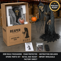 Squelette de la mort animatronique d'Halloween avec yeux lumineux, son et lumière de citrouille, pour maison hantée et vitrine de magasin, OEM, vente en gros