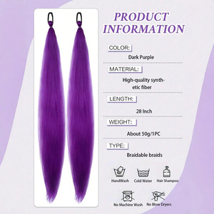 Perruque queue de cheval en fibre Kanekalon avec bande élastique, 65 cm, sans colle, extension de cheveux tressés violets pour femmes - Product Image 3