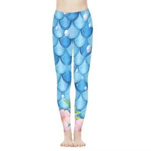 畅销裤紧身瑜伽裤展示你的体形定制蓝色鱼鳞图案女式瑜伽打底裤
