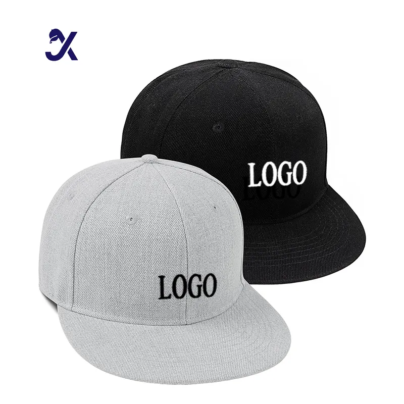 JX Venta caliente sombreros con logotipo personalizado 5 Panel de ala plana bordado de algodón no estructurado Twill Snapback Sombreros Gorras