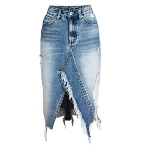 Ripped Denim <strong>Skirts</strong> Womens Asymmetrical Pencil Jean <strong>Skirt</strong> Ladies High <strong>Split</strong> Midi <strong>Skirt</strong> Plus Size 2XL 3XL - Product Image 2