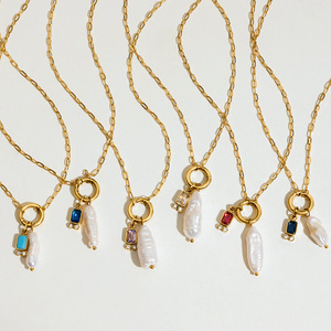 Anlauf frei PVD 18 Karat Gold Edelstahl Schmuck Long Bar Süßwasser Perle Birth stone Charms Halskette - Product Image 3