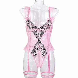 YILIMI Pink Cute Girl Sexy bordado Patchwork Polka Dot <span class=keywords><strong>Web</strong></span> Onesie Bodysuit mujeres Sexy malla Lencería caliente Lencería transparente - Product Image 6