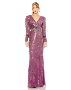 Robes maxi élégantes pour femmes, hiver 2024, manches longues évêque, col en V profond, ornées de perles, à sequins - Product Image 3