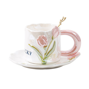 Taza de Café de Porcelana Ecológica con Acabado Perlado, Diseño de Tulipán, 250 ml, con Platillo y Cuchara, para Té de la Tarde - Product Image 1