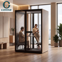Cabine de réunion insonorisée mobile moderne pour 2 personnes, finition grain de bois, écologique, pour entrepôt, salon, hôtel, centre commercial, bureau