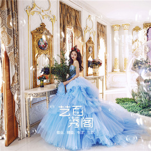 Blue Dream Princess Ball Gown Strapless Empire Waist Tulle Wedding Dress Studio Photography Outfit - Product Image 4