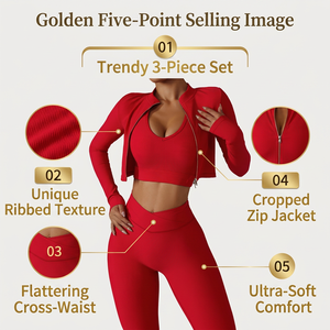 Women Premium Red Ribbed Three Piece Yoga Set with Long Sleeve Zip Jacket V Neck Sports Bra and <b>Cross</b> V High Waist Leggings - Product Image 5