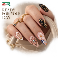Kuku Palsu 3D Motif Kupu-kupu dan Bunga Buatan Tangan, Bentuk Almond Panjang, Desain Leopard Hitam Emas, Kuku Palsu Modis Grosir