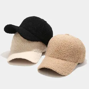 Wholesale Warm Winter Lamb Wool Outdoor Travel Caps Solid Color Plush Fleece Embroidered Logo Baseball Hat For Men Women