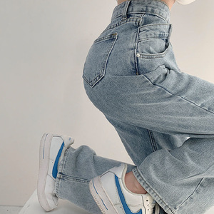 Net Red High Waist Design Cross Waist <strong>Head</strong> Denim Jeans Women Summer Loose Straight Trousers Retro Vertical <strong>Mop</strong> Pants - Product Image 3
