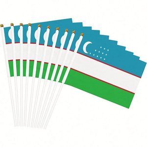 Uzbekistan <b>Flag</b> 14x21CM Digital Printing Polyester Flying Country Stick Uzbek Hand Waving <b>Flags</b> With Plastic Flagpole - Product Image 1