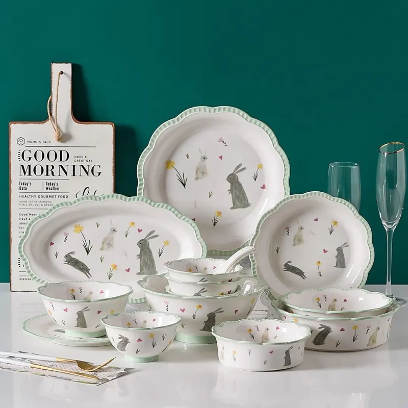 Underglaze Set Peralatan Makan Keramik, Sendok Piring Steak, Salad Mangkuk Microwave Oven Rumah Tangga