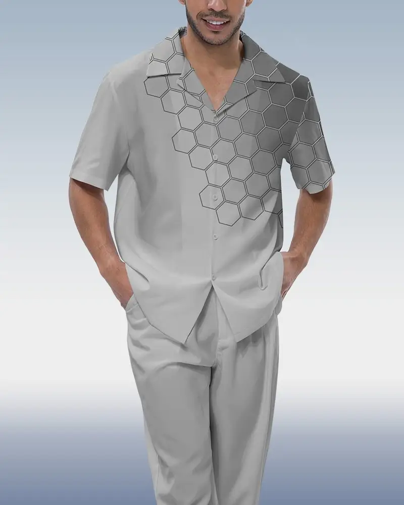 Men'S Gray Geometric Hexagon Pattern Geometric Short Sleeve Walking Designer Clothes Wholesale Plus Size Men'S Clothing