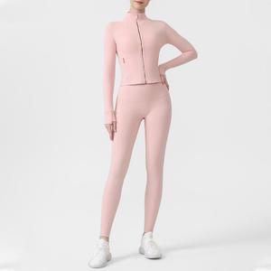 USA Warehouse Women Cropped Jacket Leggings Set High Waist Seamless Yoga Set Quick Dry Slim Fit Workout Set For Gym - Product Image 3